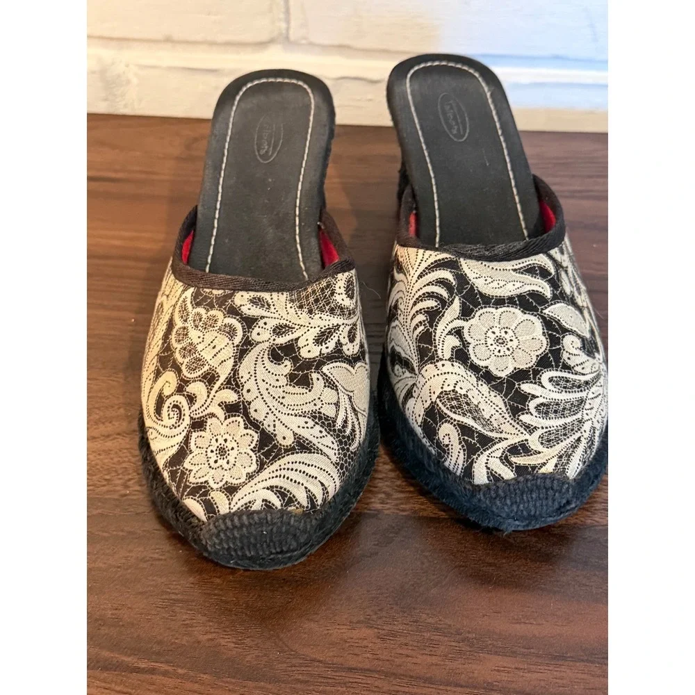Talbots Womens Black White Floral Lace Espadrille Wedge Slides Sandals Size 6.5